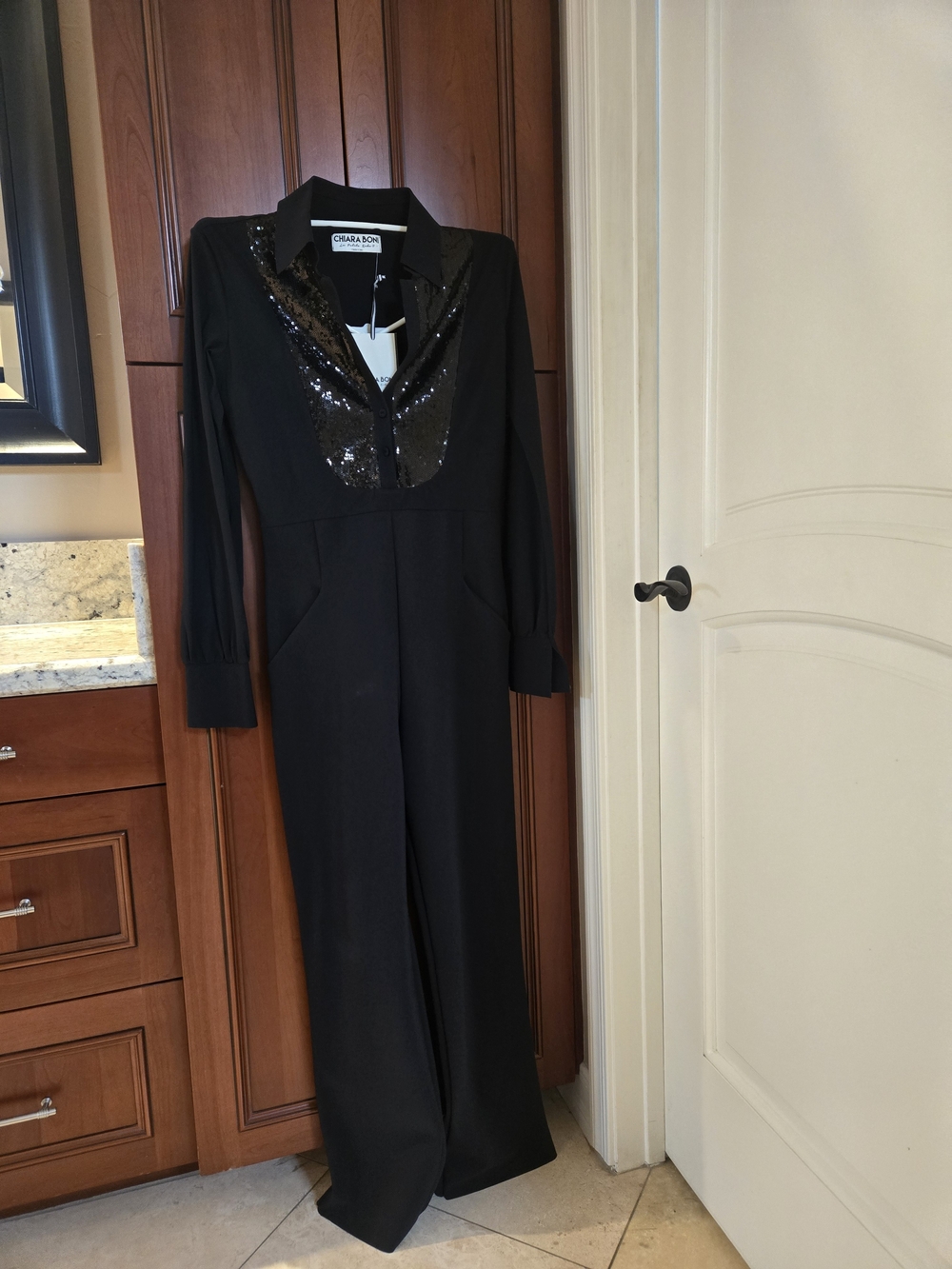 Chiara Boni La Petite Robe Black Long-Sleeve Sequin-Trim Collared Jumpsuit